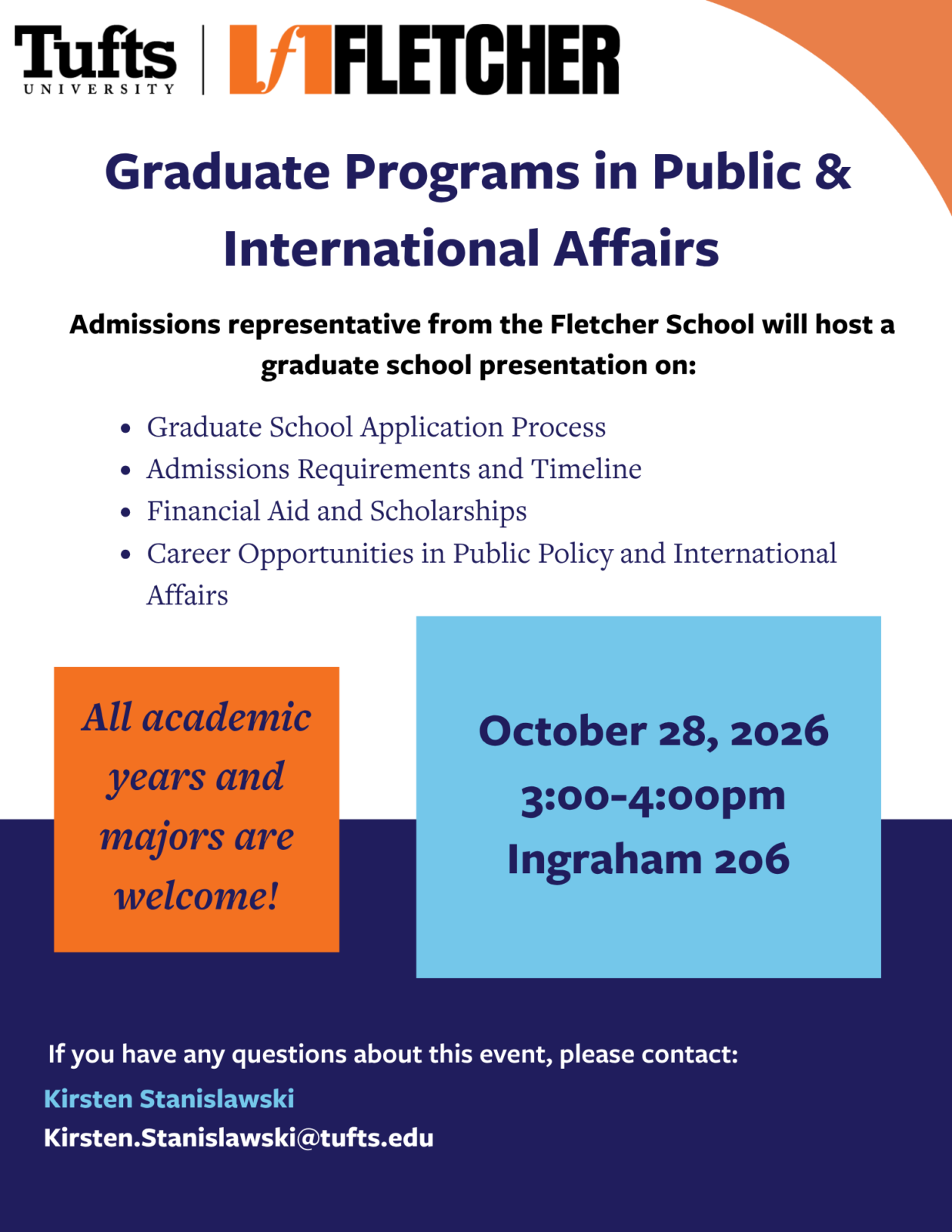 Tufts logo at header, orange and blue text blocks with logistical information and text