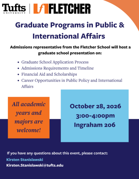 Tufts logo at header, orange and blue text blocks with logistical information and text